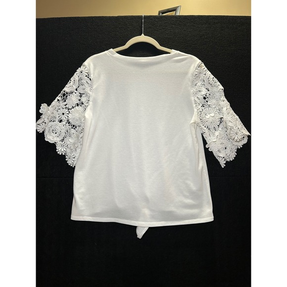 Women's White Tie Front Top Crochet Lace Bell Sleeve Casual Blouse Shirt - Picture 2 of 4